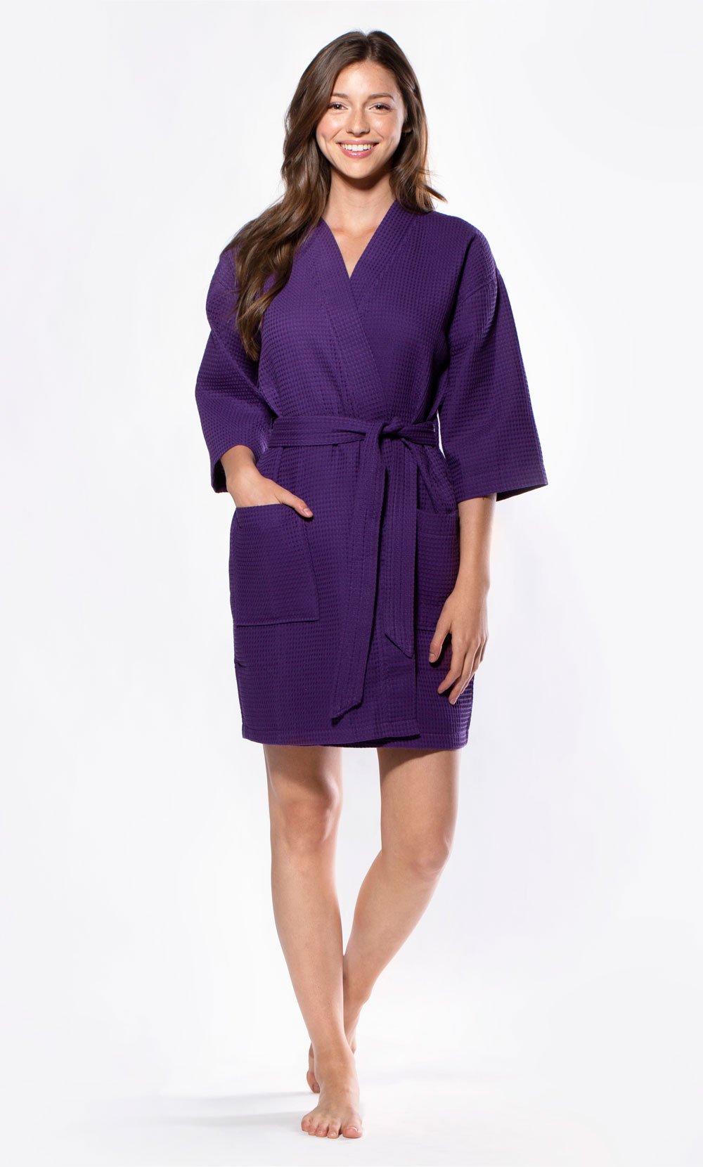 Waffle Kimono Purple Short Robe Square Pattern-Robemart.com