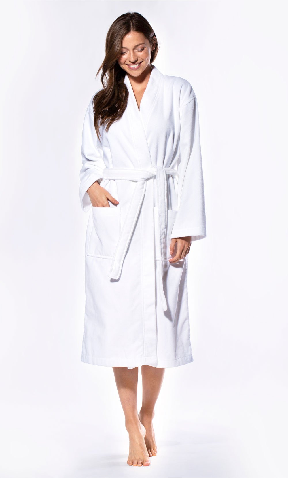 100% Turkish Cotton White Terry / Velour Kimono Bathrobe-Robemart.com