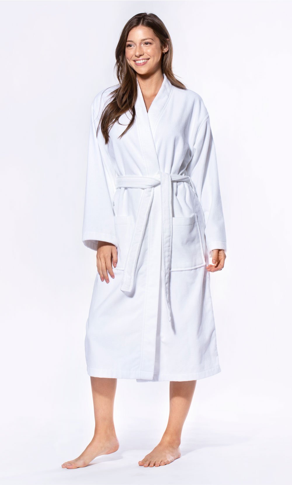 100% Turkish Cotton White Terry / Velour Kimono Bathrobe-Robemart.com