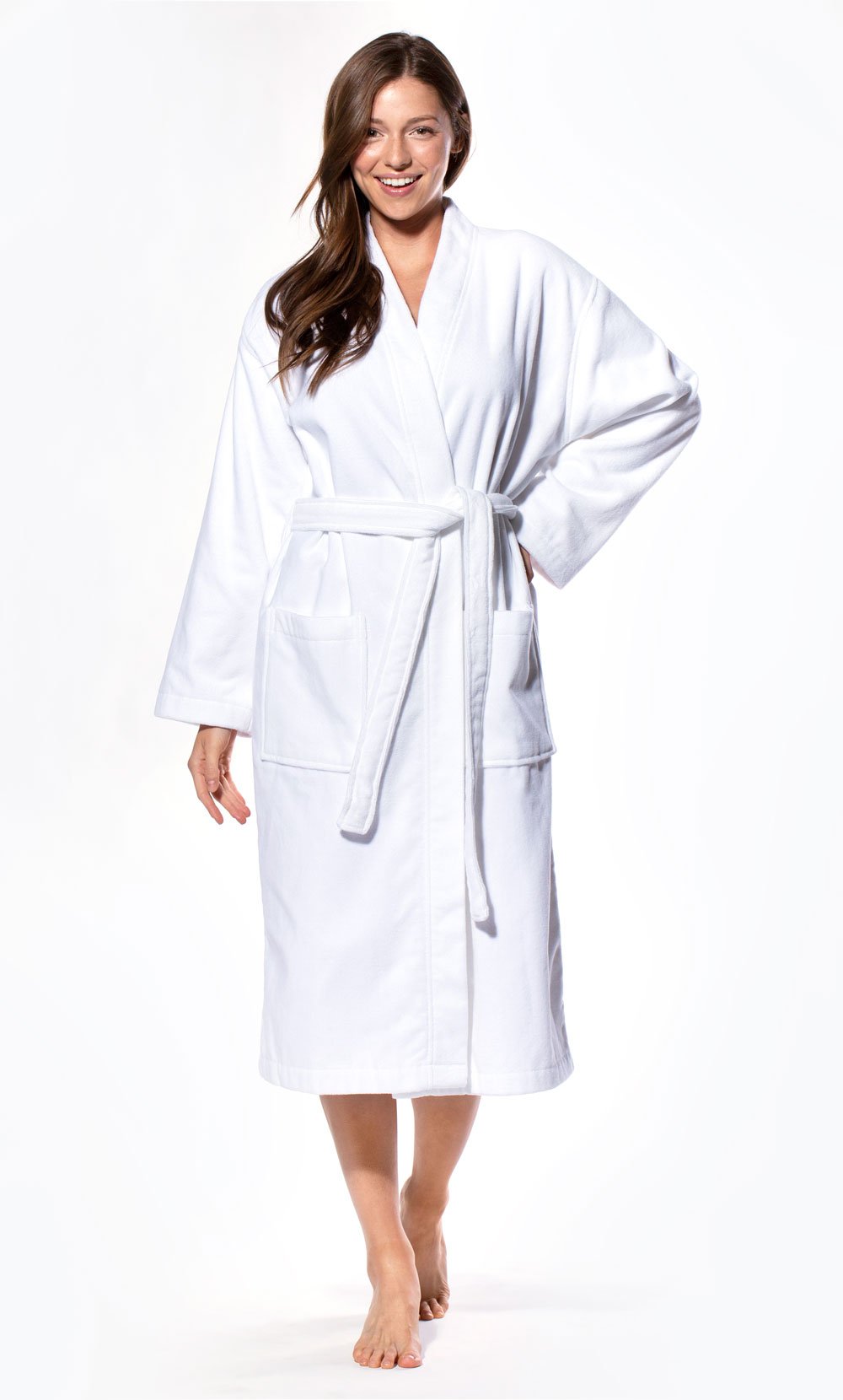 100% Turkish Cotton White Terry / Velour Kimono Bathrobe-Robemart.com
