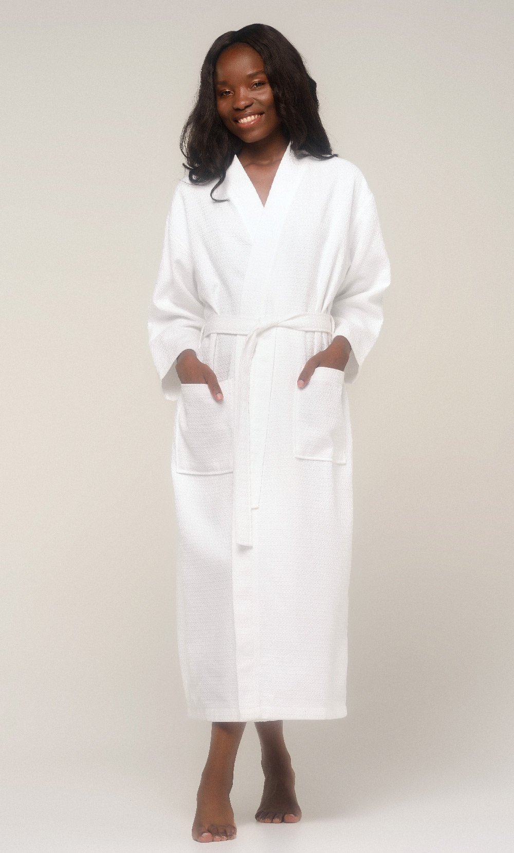 100% Turkish Cotton White Waffle Kimono Robe-Robemart.com