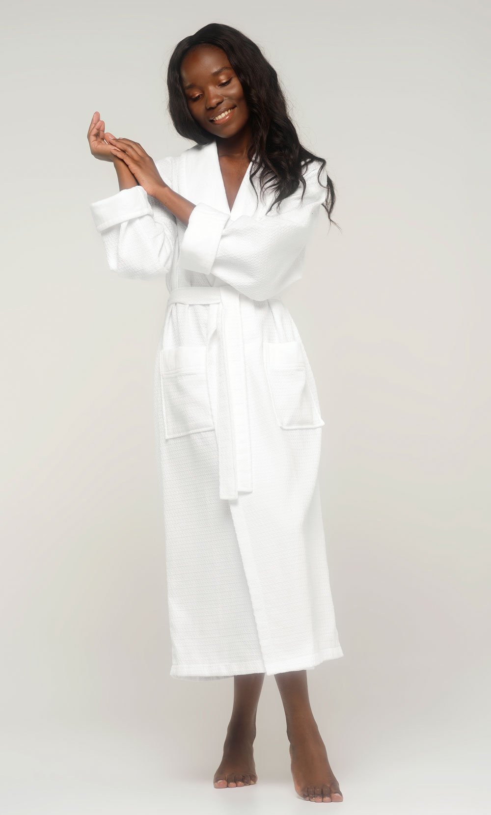 100% Turkish Cotton White Waffle With Velour Shawl Robe-Robemart.com