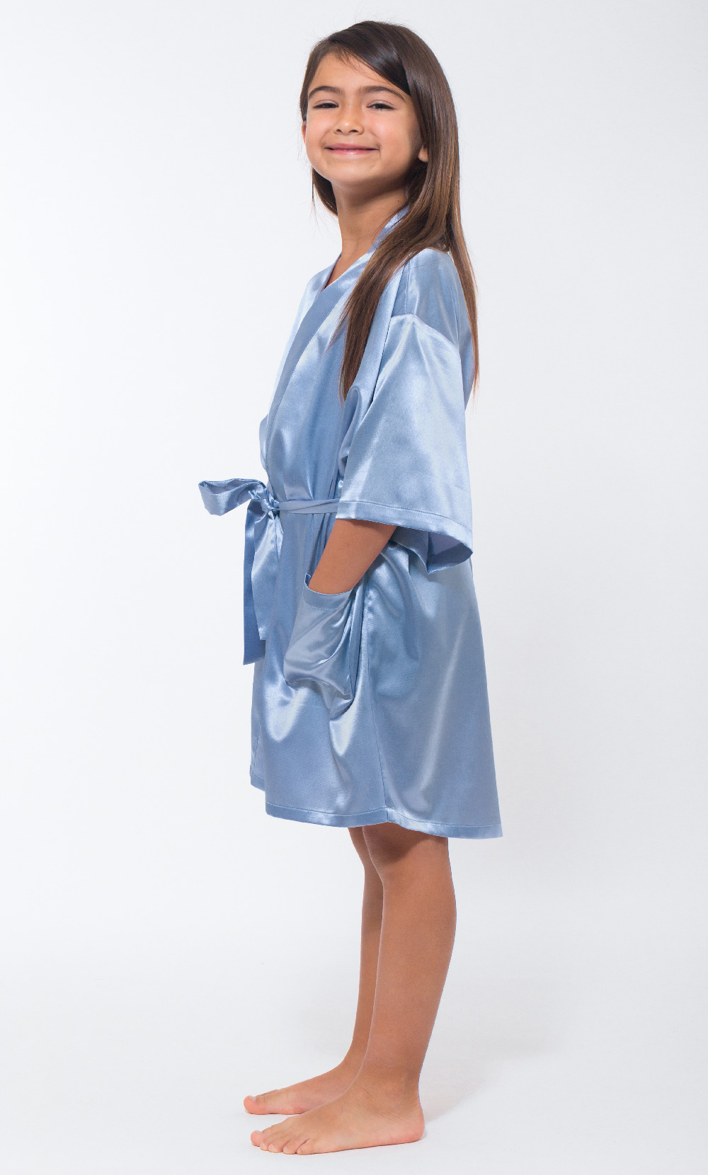 Airy Blue Satin Kimono Kid's Robe-Robemart.com