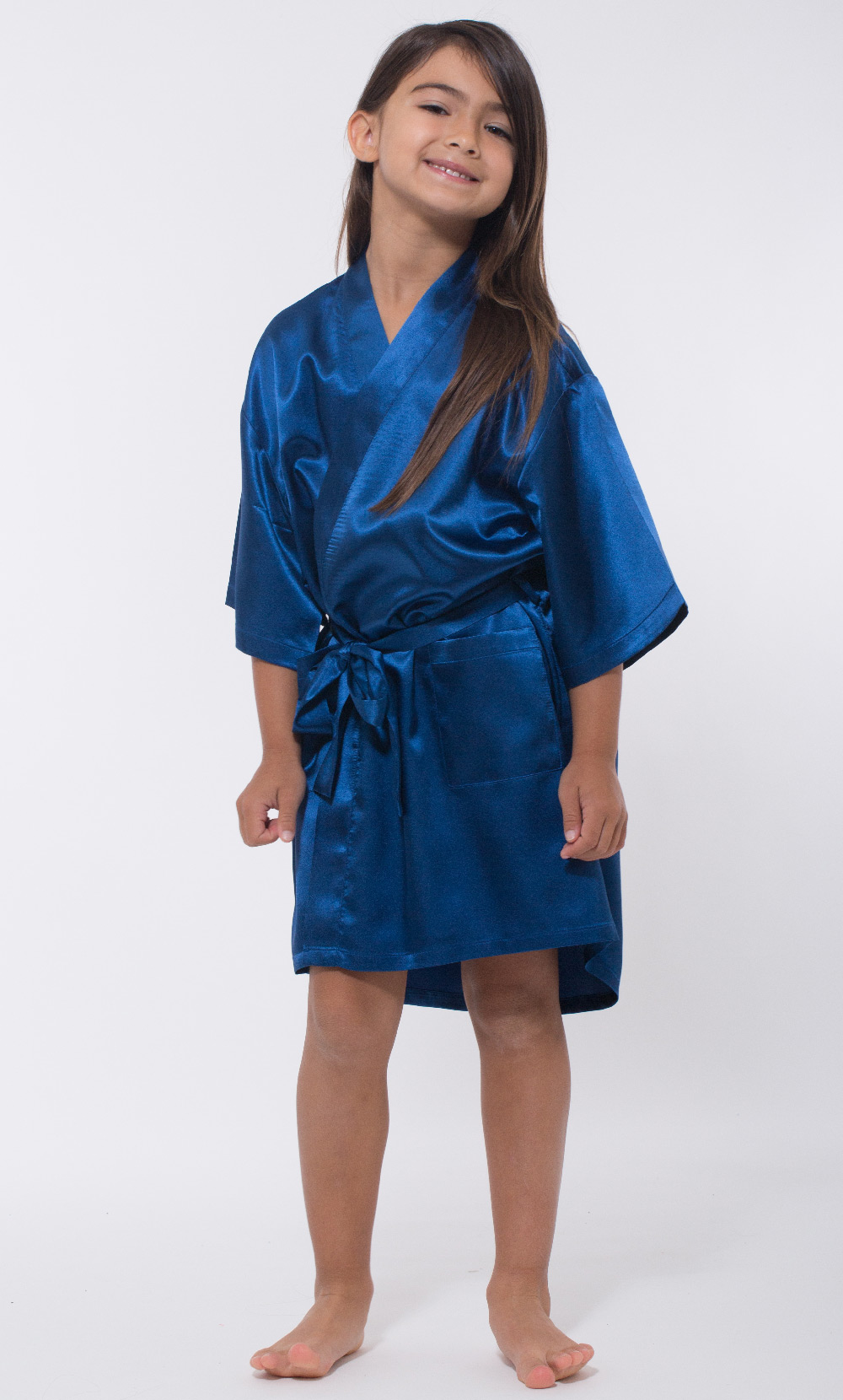 Navy Blue Satin Kimono Kid's Robe-Robemart.com