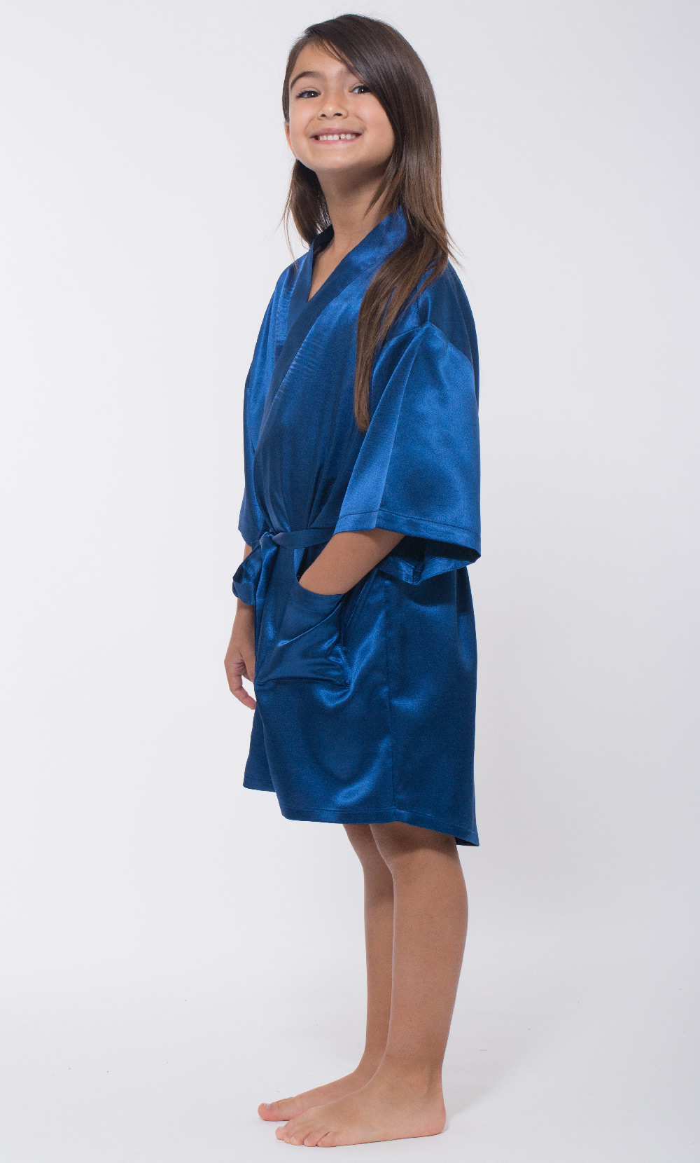 Navy Blue Satin Kimono Kid's Robe-Robemart.com