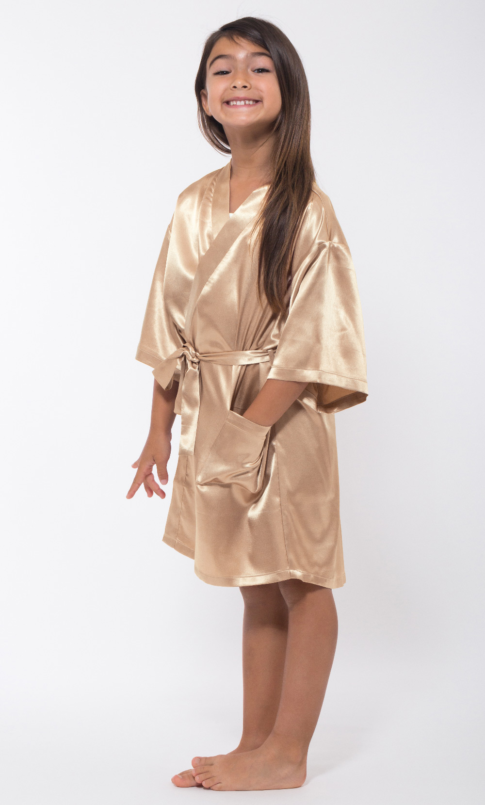 Taupe Satin Kimono Kid's Robe-Robemart.com