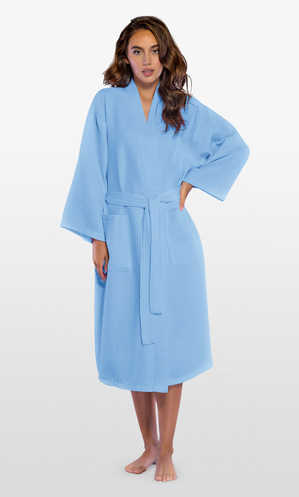 Waffle Kimono Serenity Blue Long Robe Square Pattern-Robemart.com