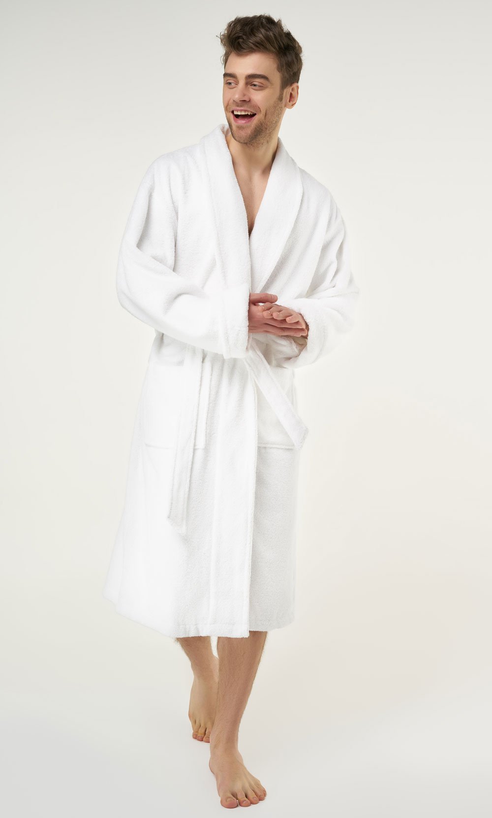 100% Turkish Cotton White Shawl Terry Bathrobe-Robemart.com