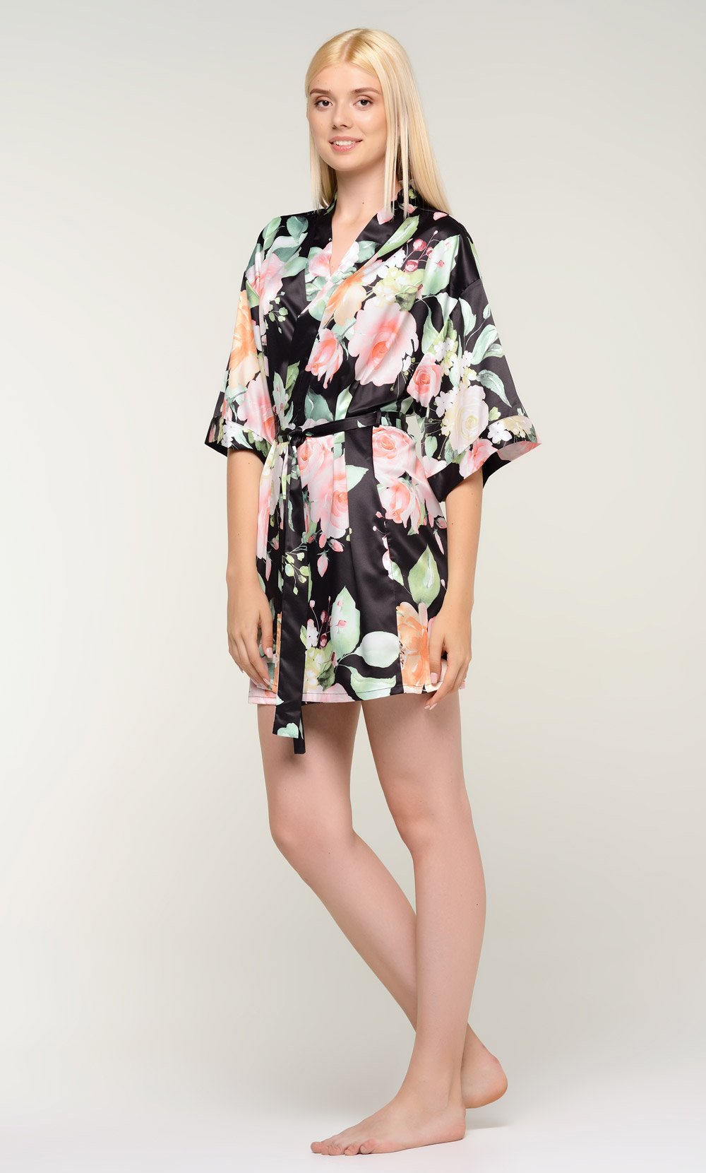 Black Carmen Floral Satin Kimono Short Robe-Robemart.com