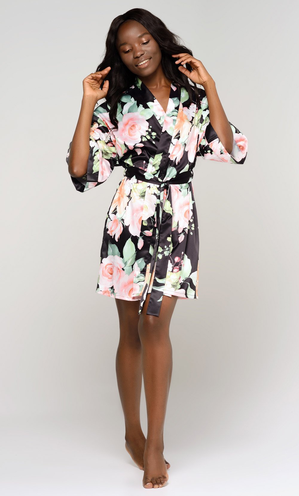 Black Carmen Floral Satin Kimono Short Robe-Robemart.com