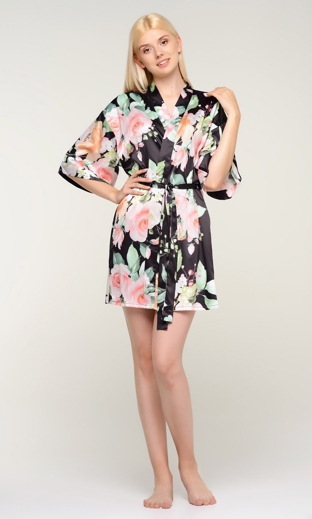 Black Carmen Floral Satin Kimono Short Robe-Robemart.com