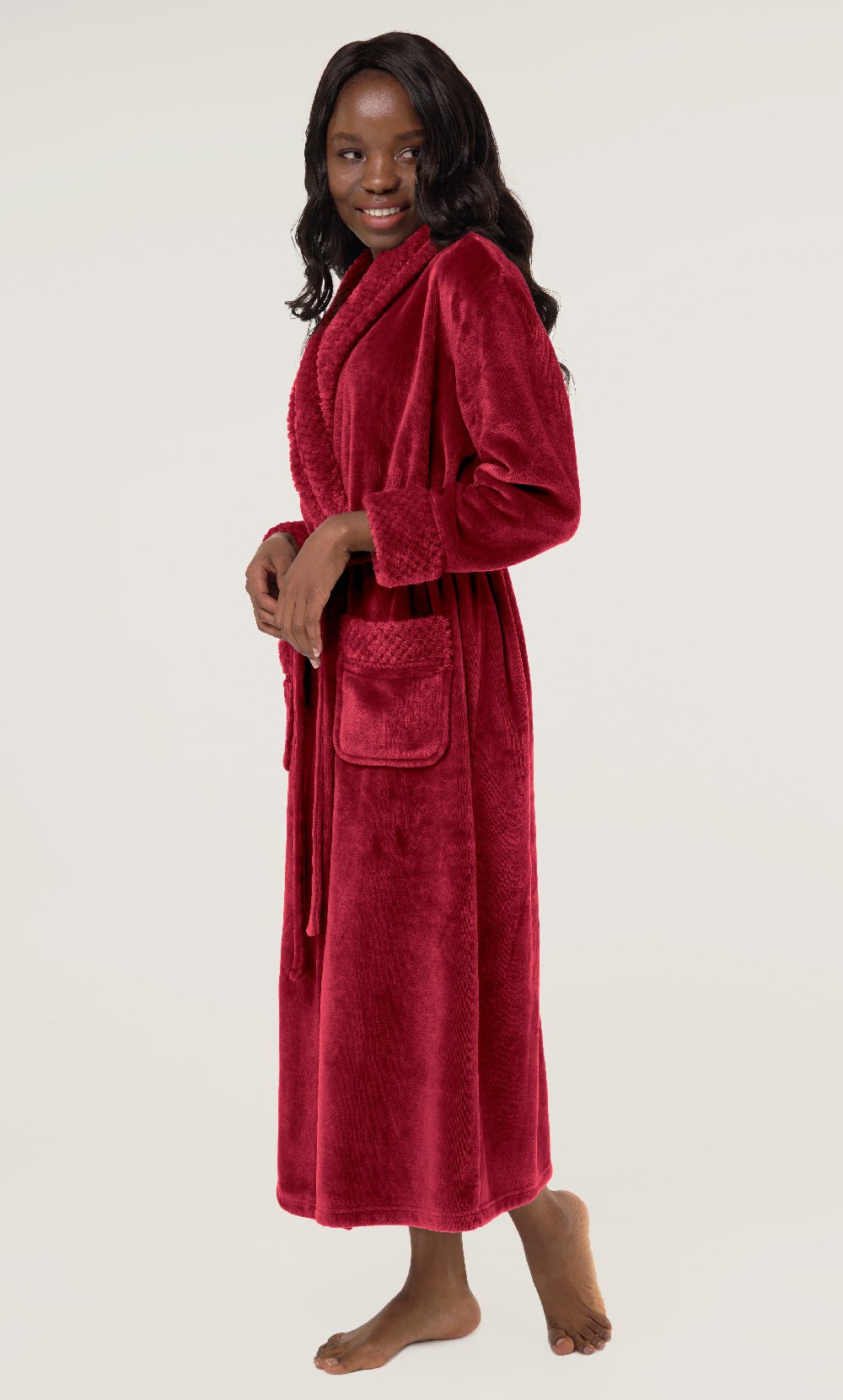 Burgundy Plush Soft Warm Fleece Womens Robe-Robemart.com