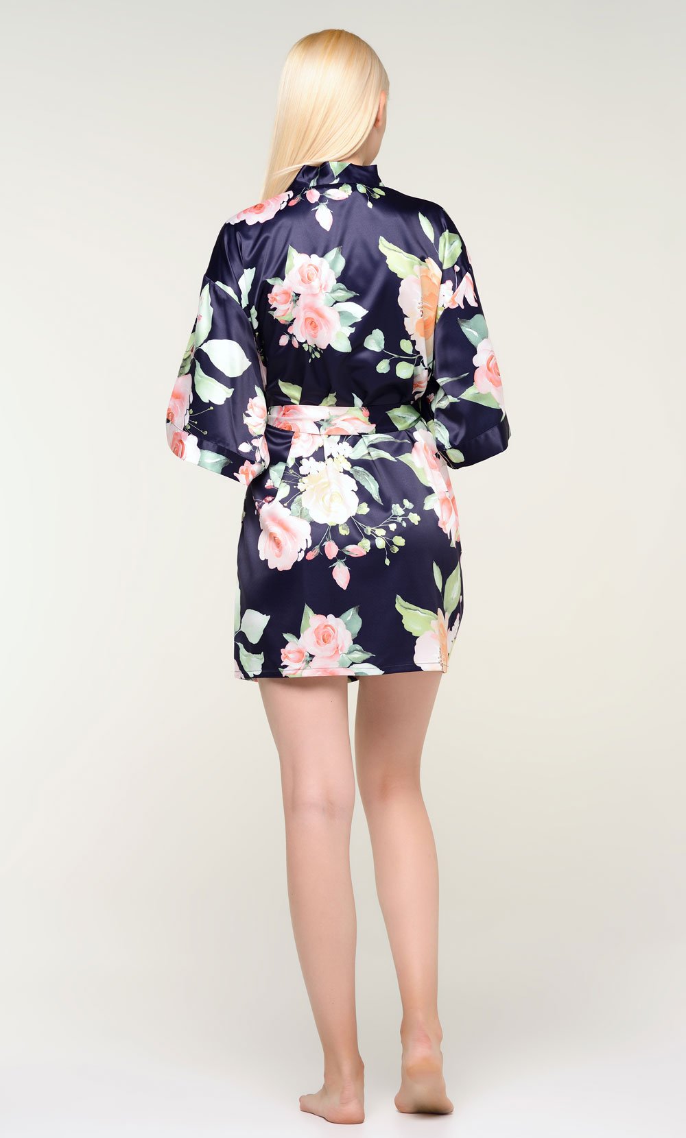 Navy Blue Carmen Floral Satin Kimono Short Robe-Robemart.com