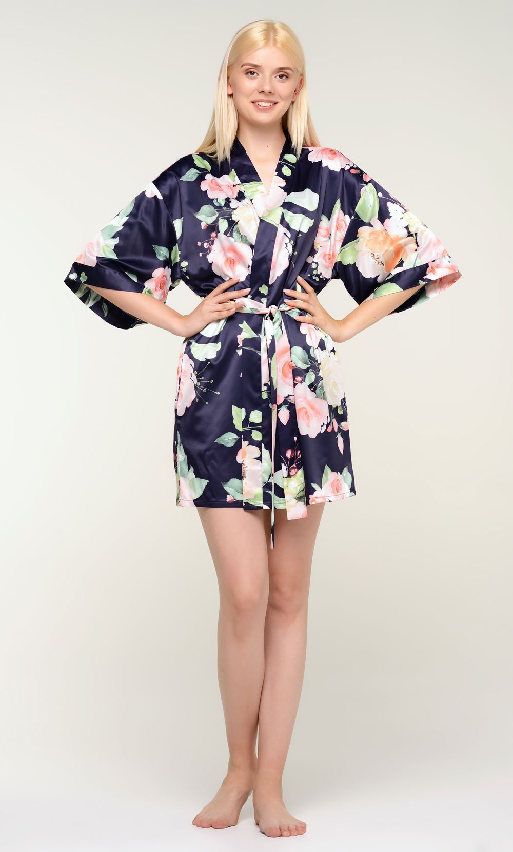 Navy Blue Carmen Floral Satin Kimono Short Robe-Robemart.com
