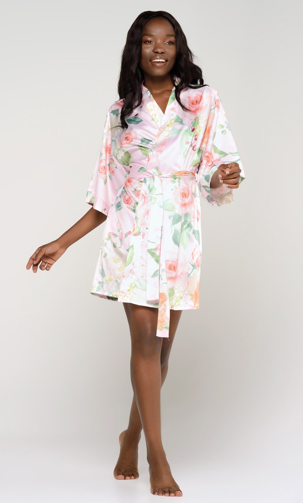Pink Carmen Floral Satin Kimono Short Robe-Robemart.com