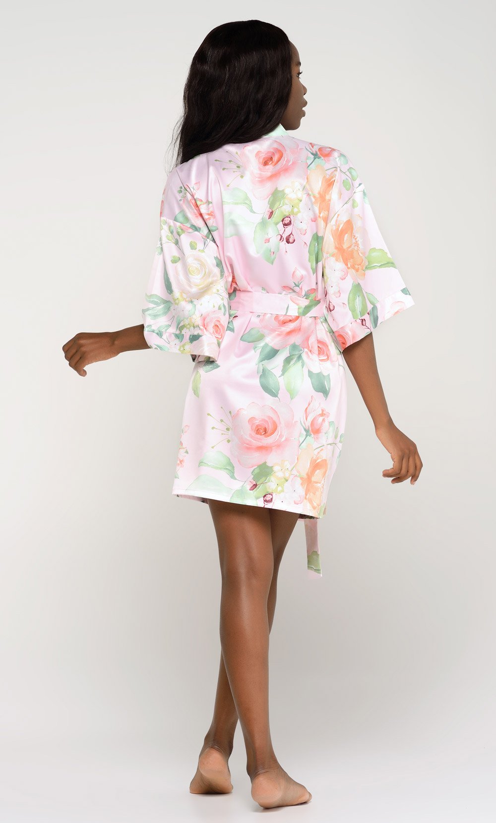 Pink Carmen Floral Satin Kimono Short Robe-Robemart.com