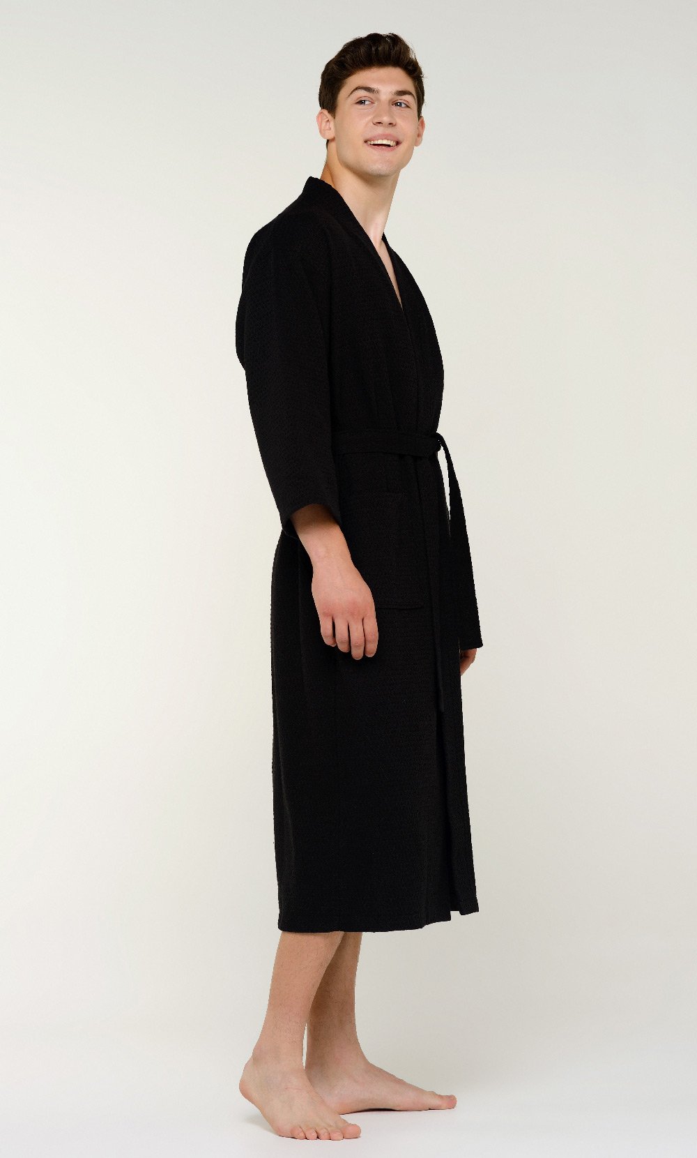 100% Turkish Cotton Black Waffle Kimono Robe-Robemart.com