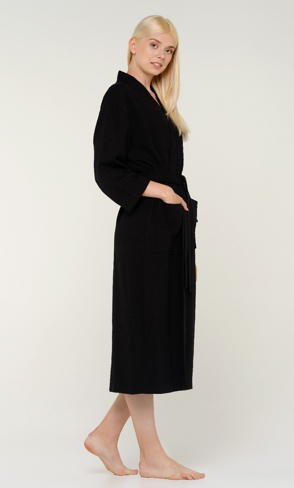 100% Turkish Cotton Black Waffle Kimono Robe-Robemart.com