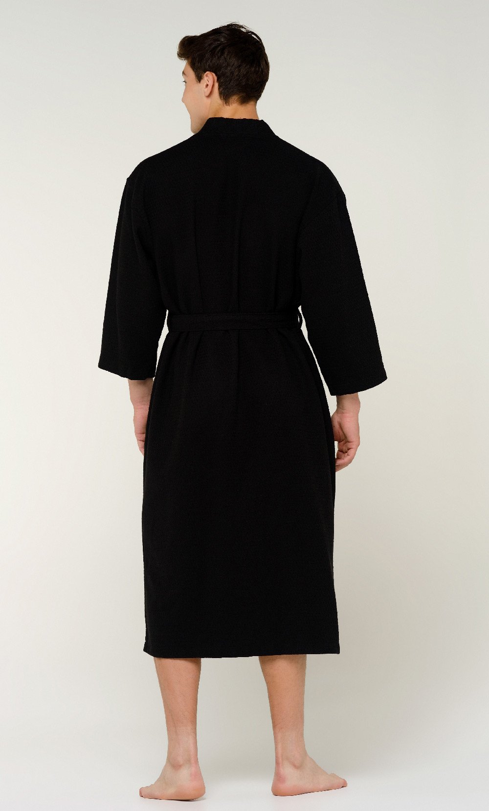 100% Turkish Cotton Black Waffle Kimono Robe-Robemart.com
