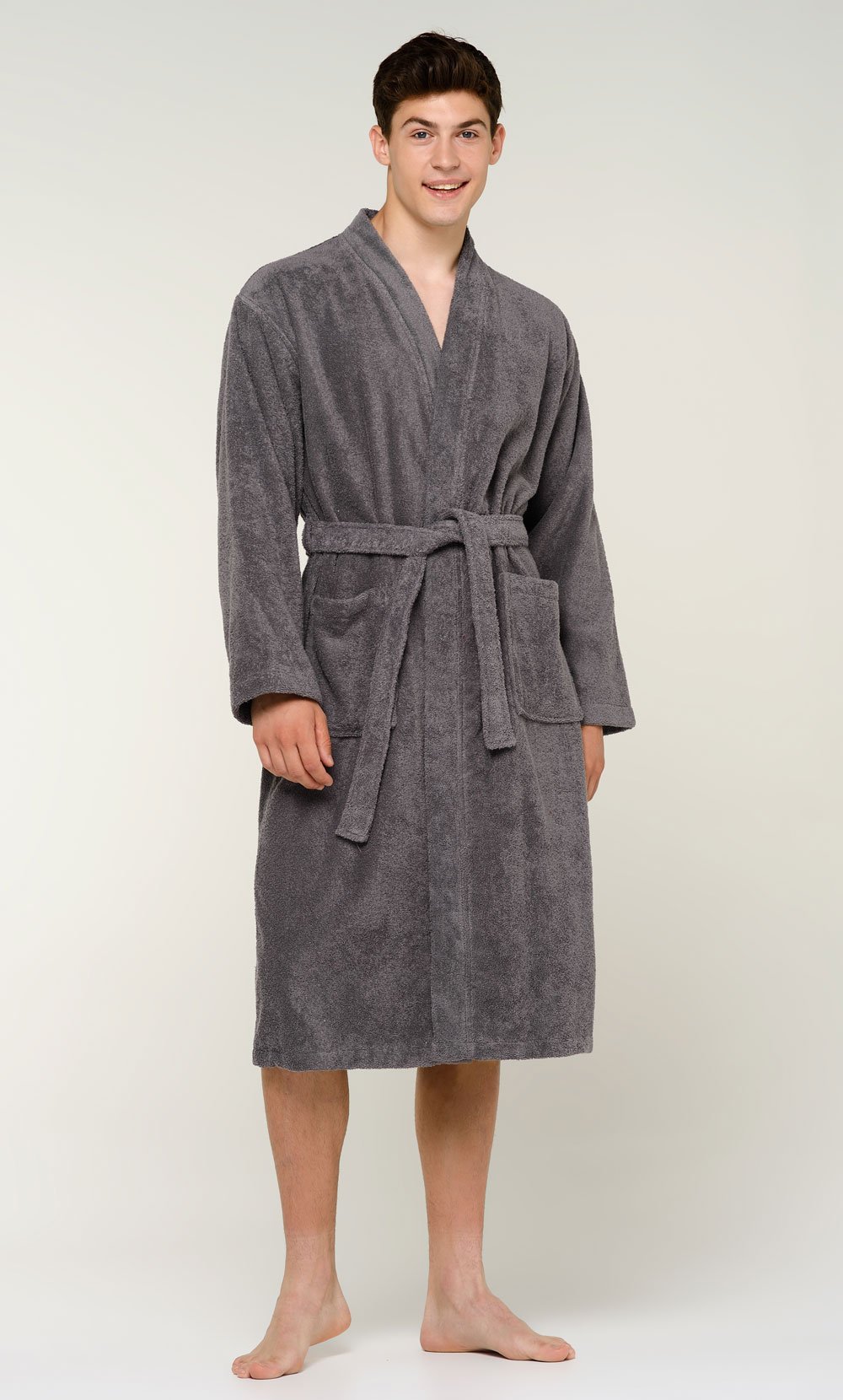 100% Turkish Cotton Gray Terry Kimono Bathrobe-Robemart.com