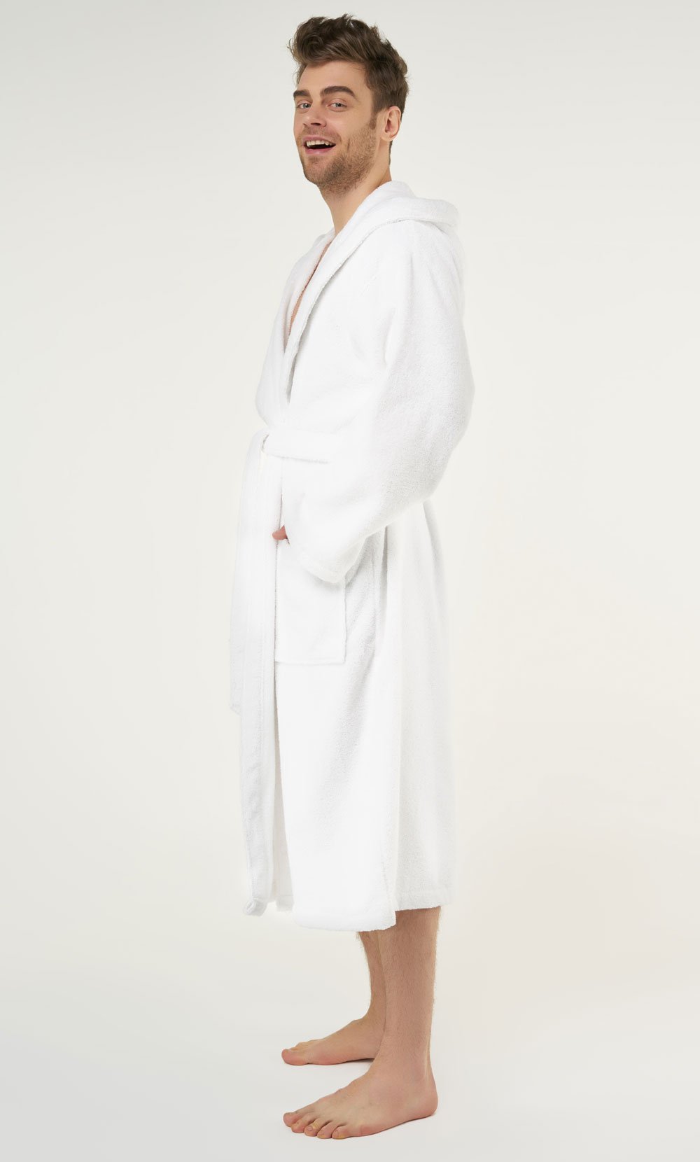 100% Turkish Cotton White Heavy Weight Hooded Terry Bathrobe-Robemart.com