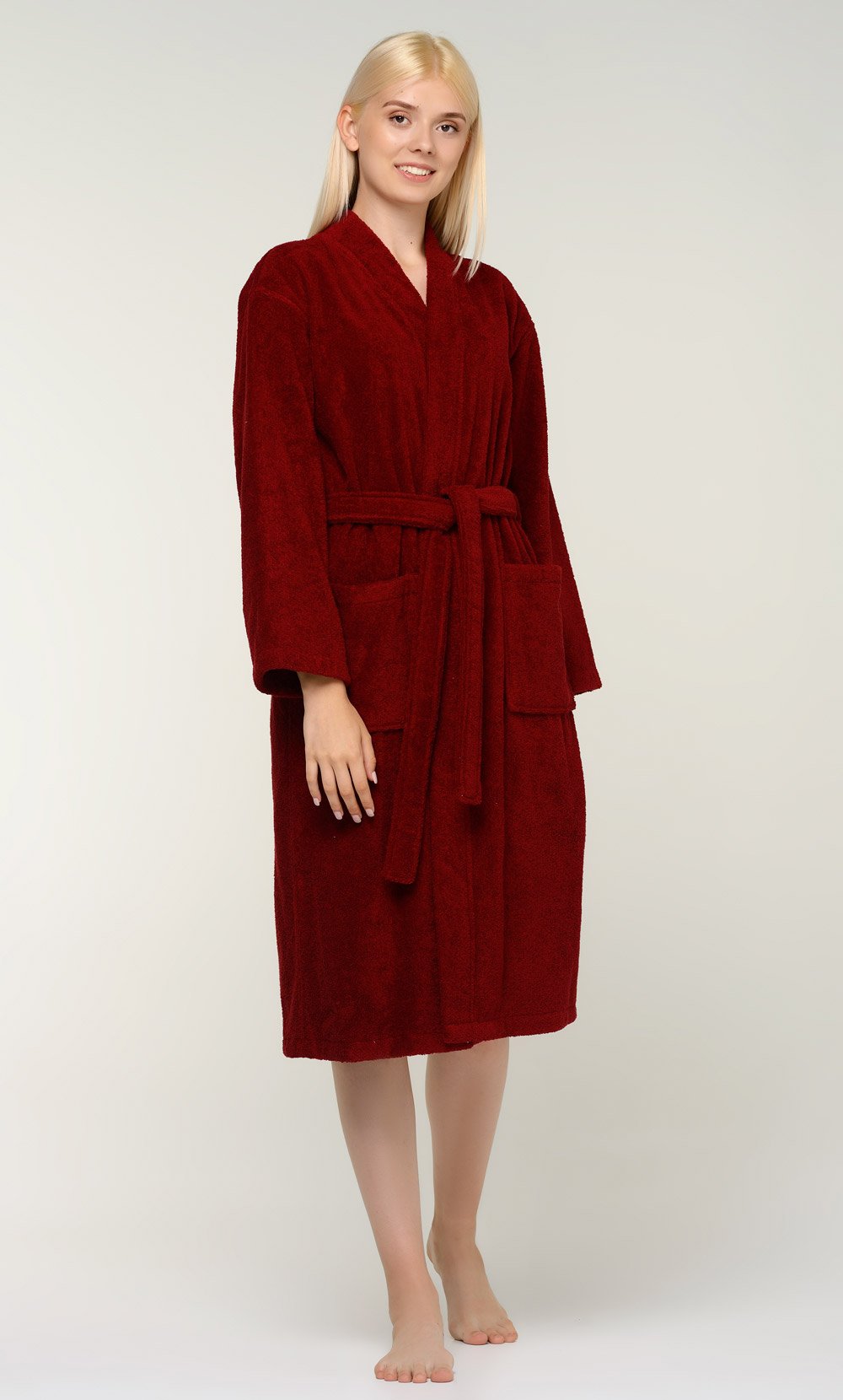 100% Turkish Cotton Wine Red Terry Kimono Bathrobe-Robemart.com