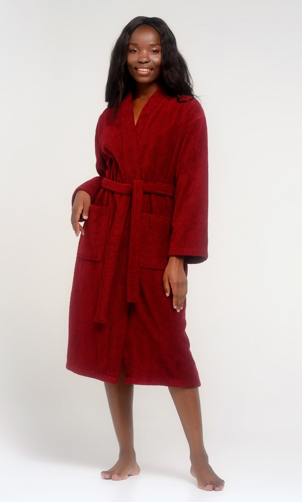 100% Turkish Cotton Wine Red Terry Kimono Bathrobe-Robemart.com