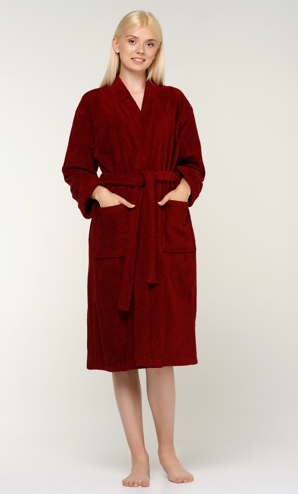 100% Turkish Cotton Wine Red Terry Kimono Bathrobe-Robemart.com