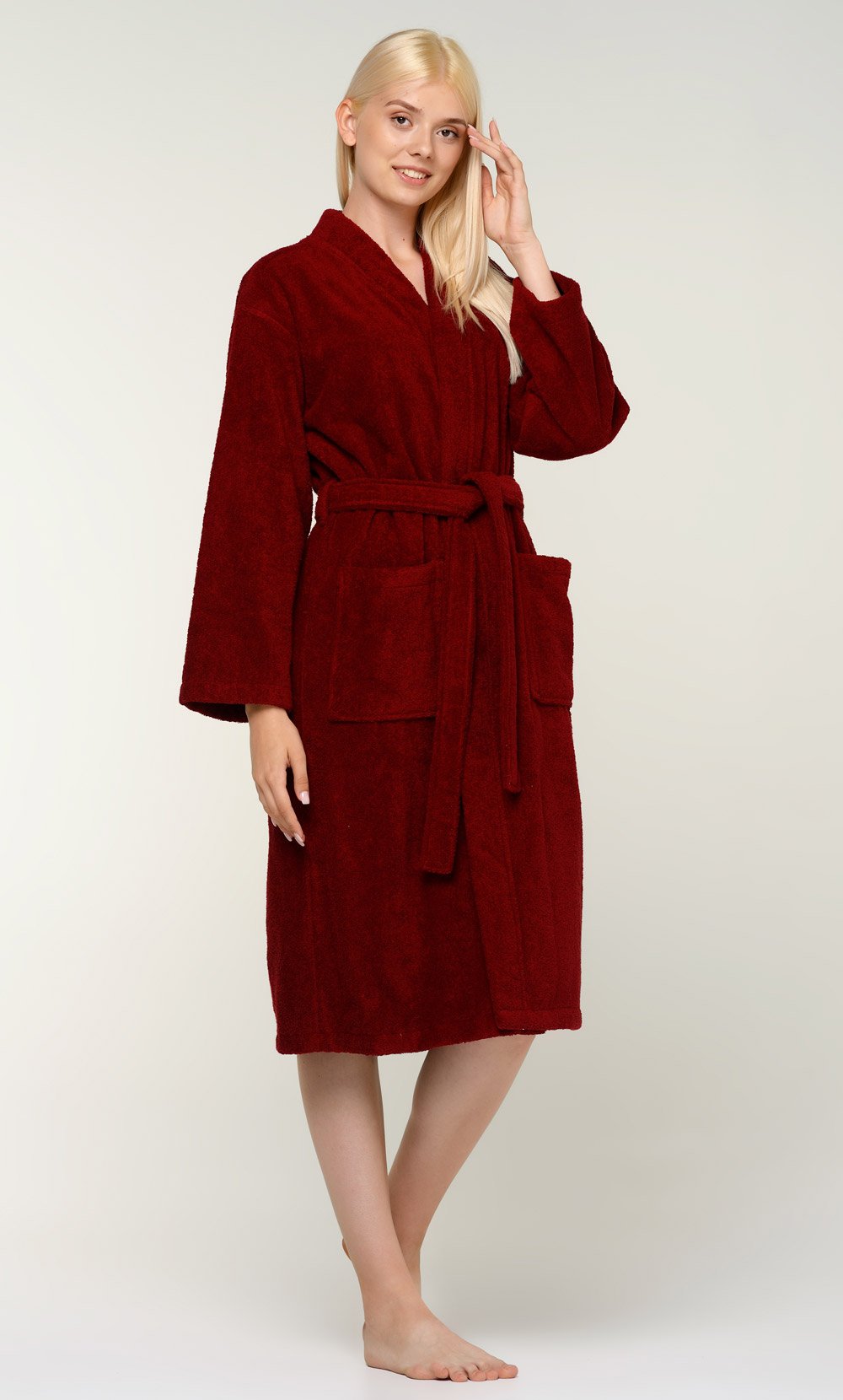 100% Turkish Cotton Wine Red Terry Kimono Bathrobe-Robemart.com