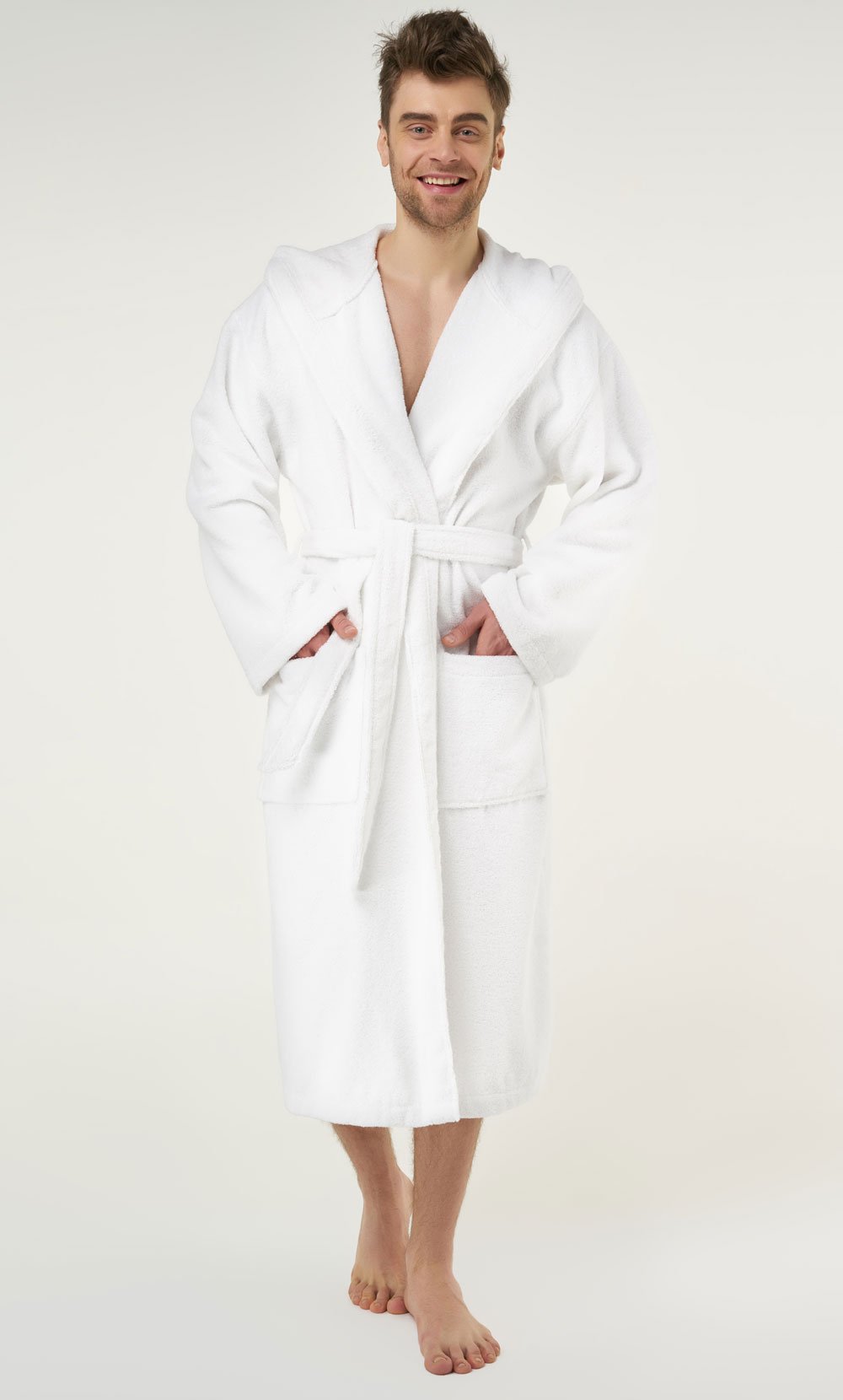 100% Turkish Cotton White Heavy Weight Hooded Terry Bathrobe-Robemart.com