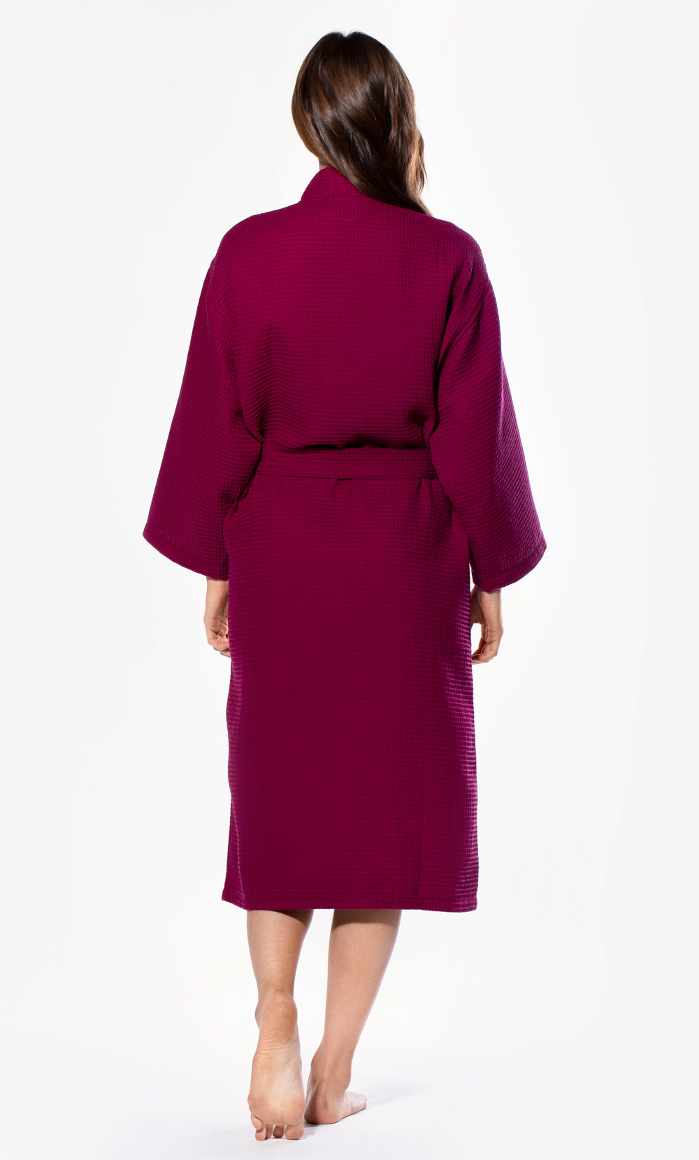 Waffle Kimono Wine Red Long Robe Square Pattern-Robemart.com