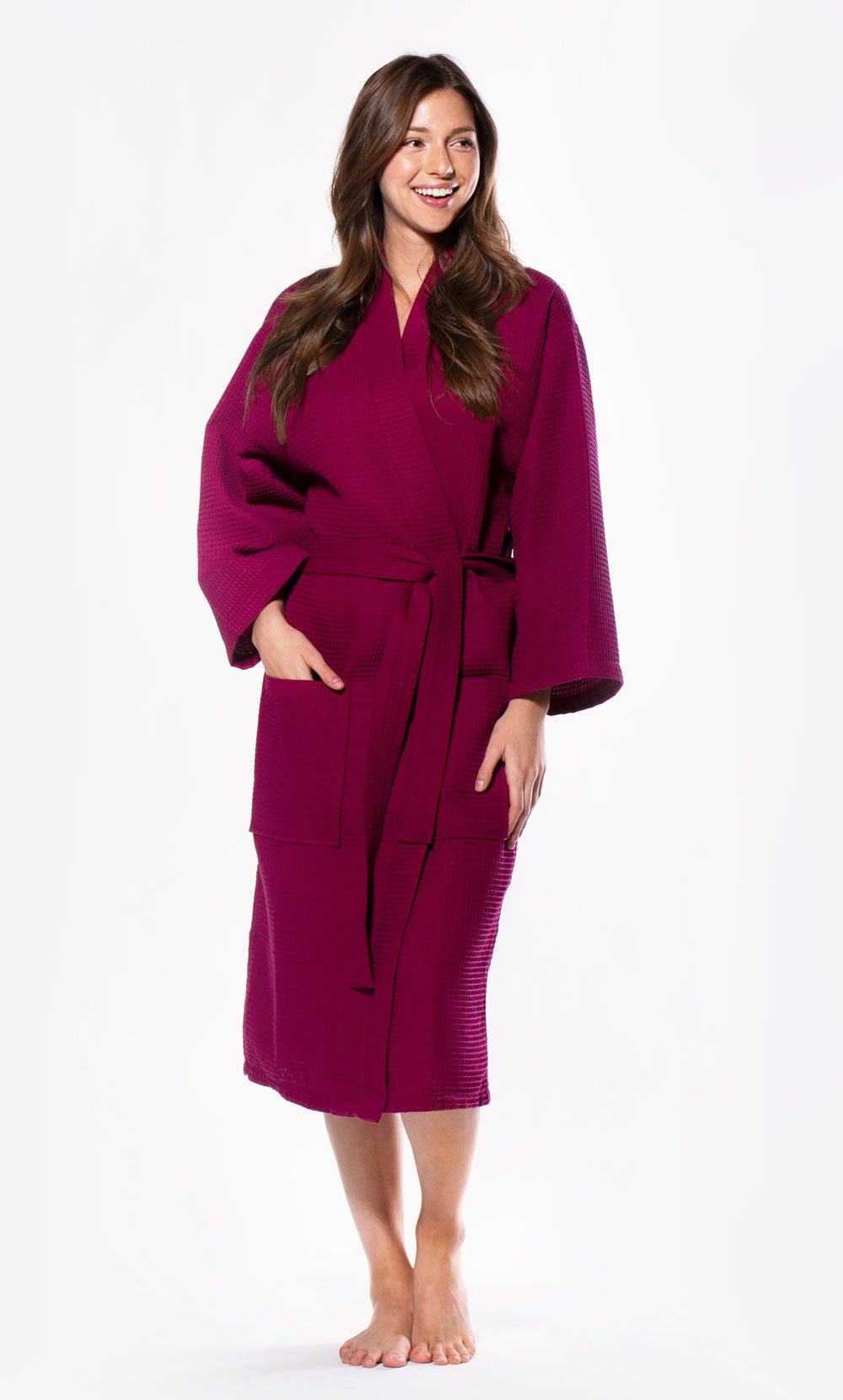 Waffle Kimono Wine Red Long Robe Square Pattern-Robemart.com