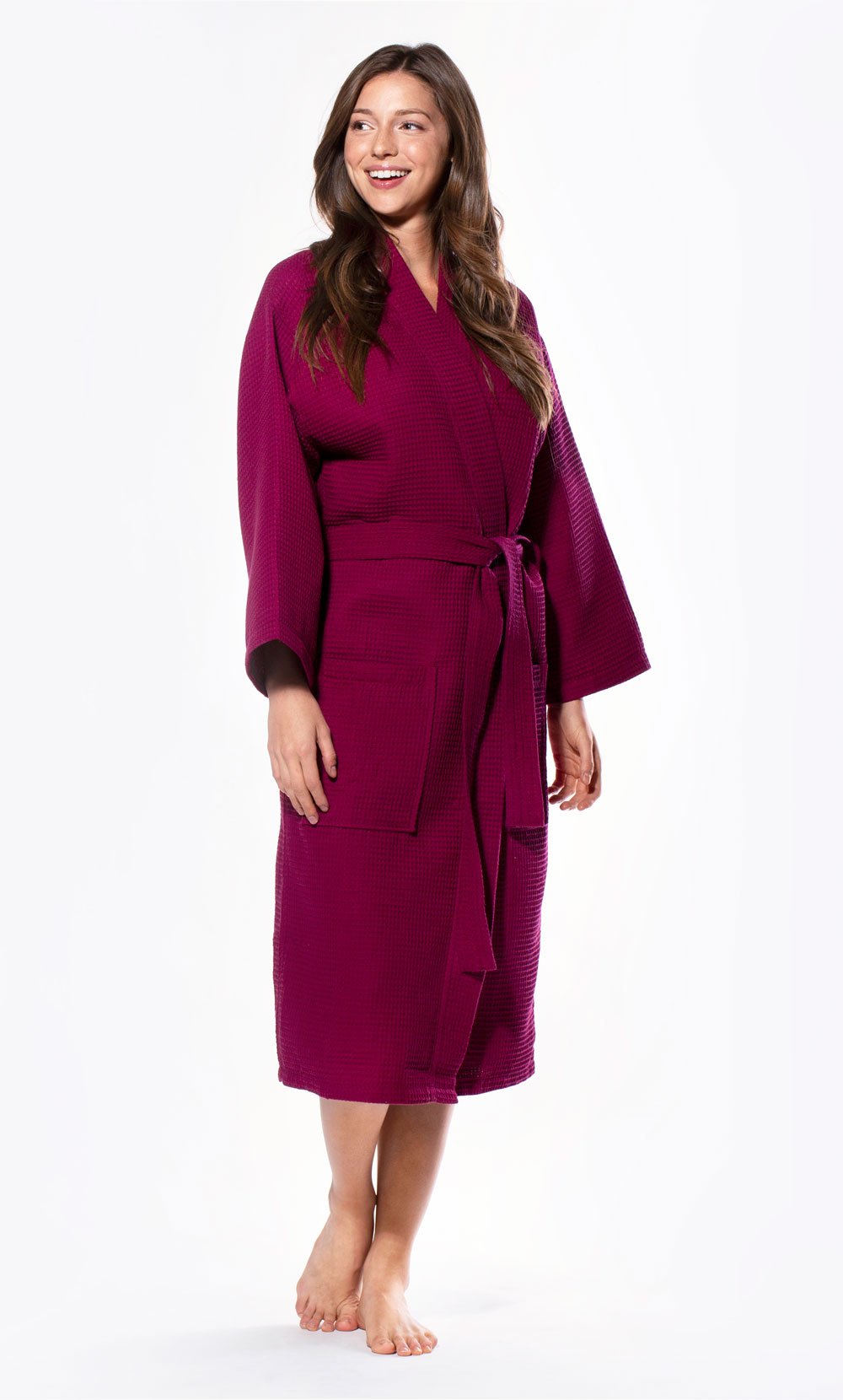 Waffle Kimono Wine Red Long Robe Square Pattern-Robemart.com