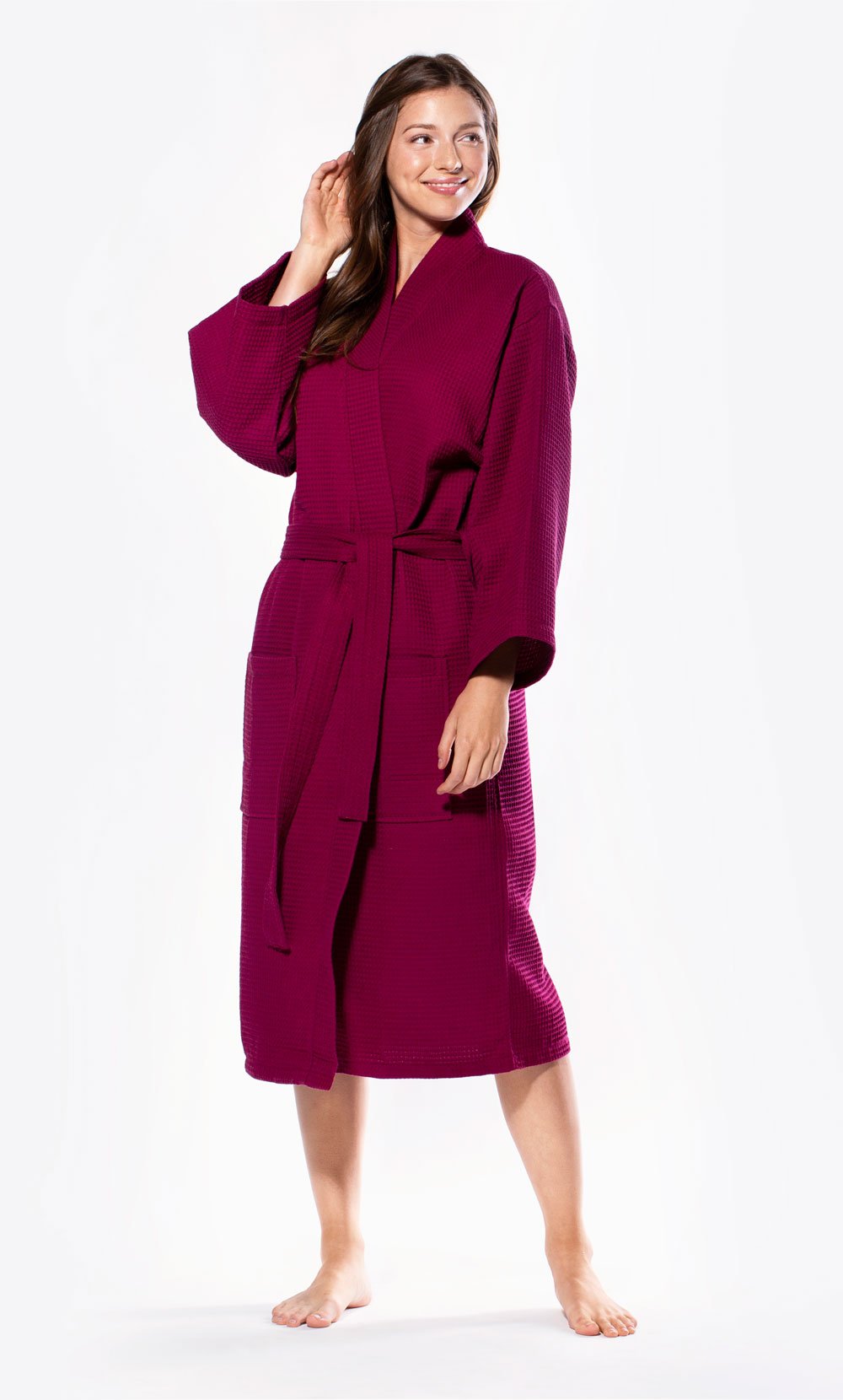 Waffle Kimono Wine Red Long Robe Square Pattern-Robemart.com