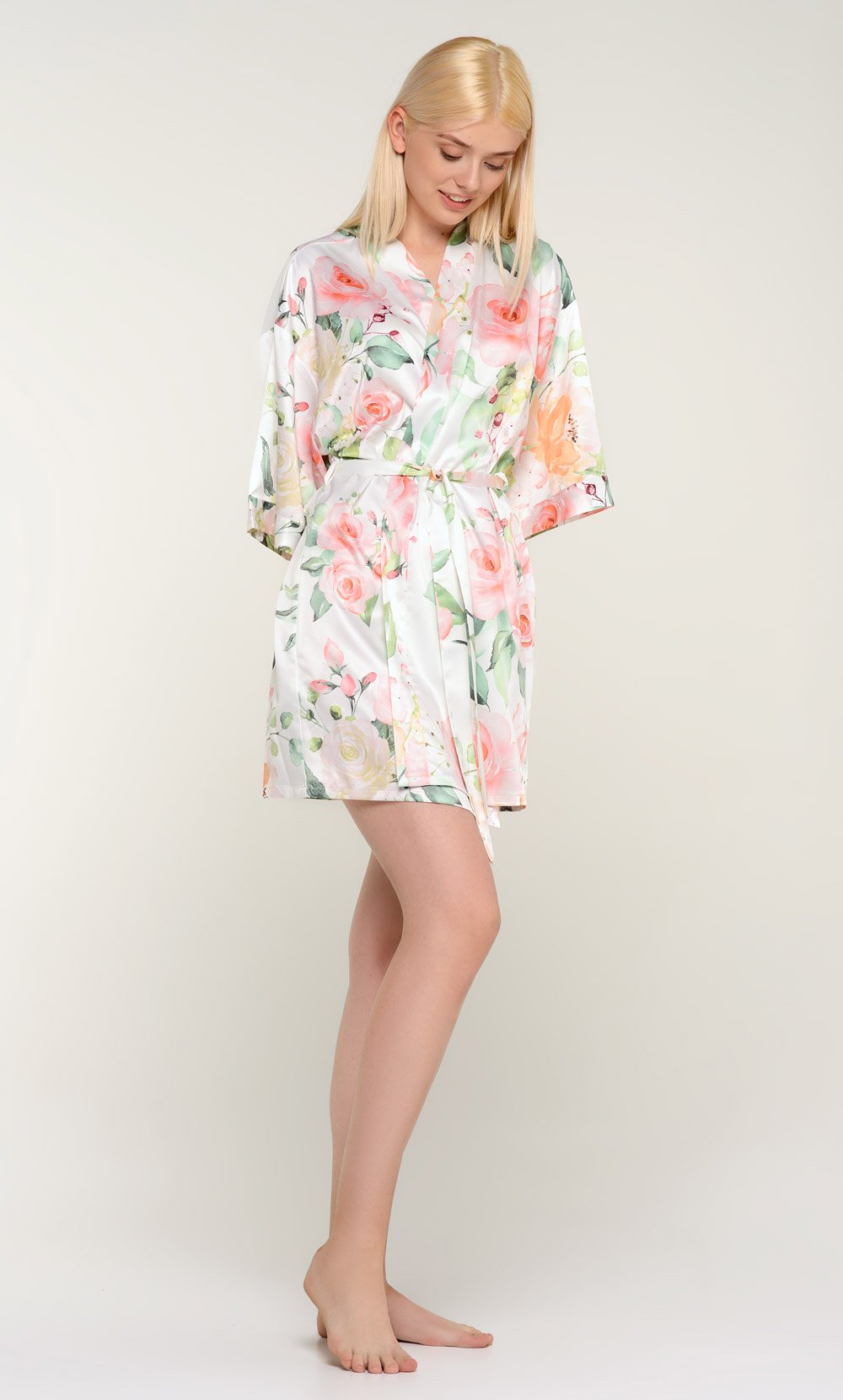 White Carmen Floral Satin Kimono Short Robe-Robemart.com
