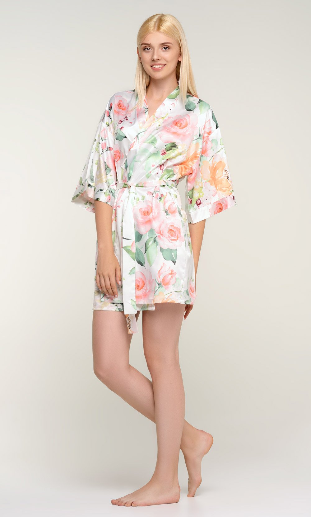 White Carmen Floral Satin Kimono Short Robe-Robemart.com