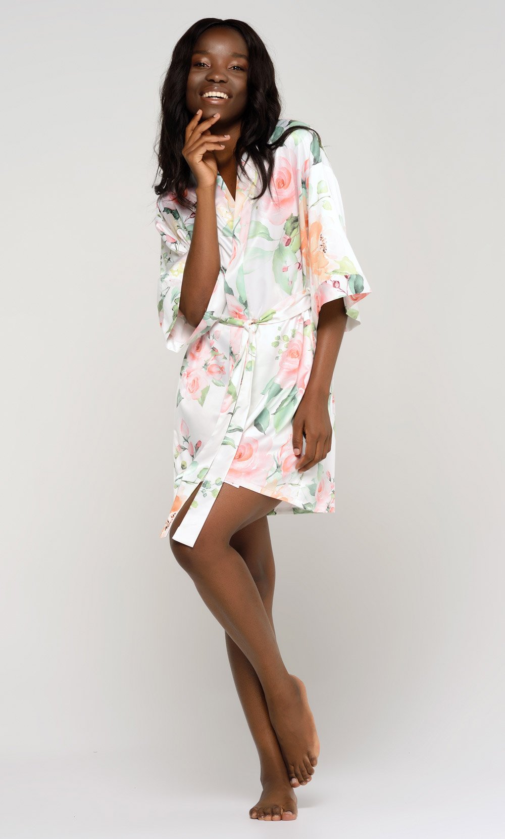 White Carmen Floral Satin Kimono Short Robe-Robemart.com