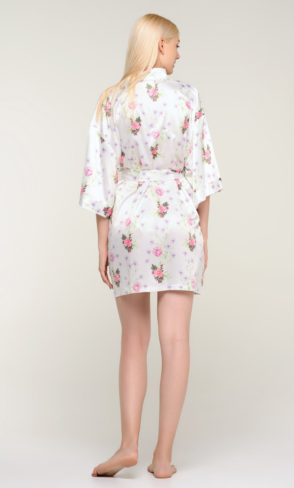 White Jasmine Floral Satin Kimono Short Robe-Robemart.com