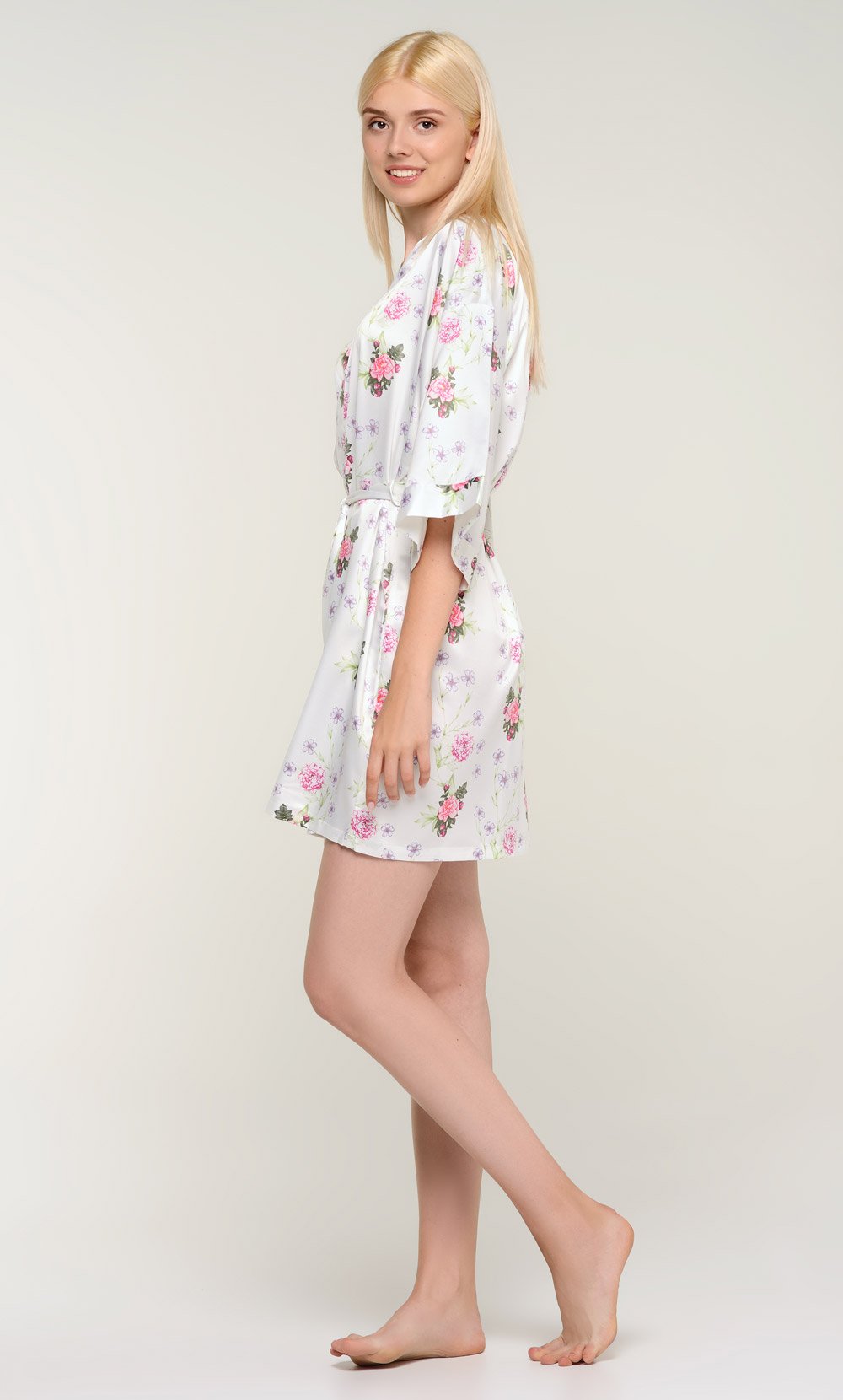 White Jasmine Floral Satin Kimono Short Robe-Robemart.com