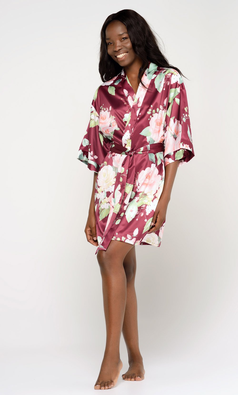 Wine Red Carmen Floral Satin Kimono Short Robe-Robemart.com