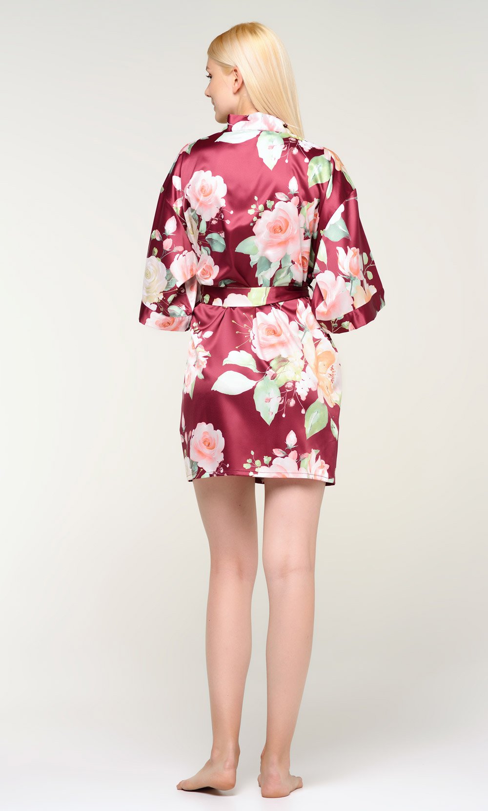 Wine Red Carmen Floral Satin Kimono Short Robe-Robemart.com