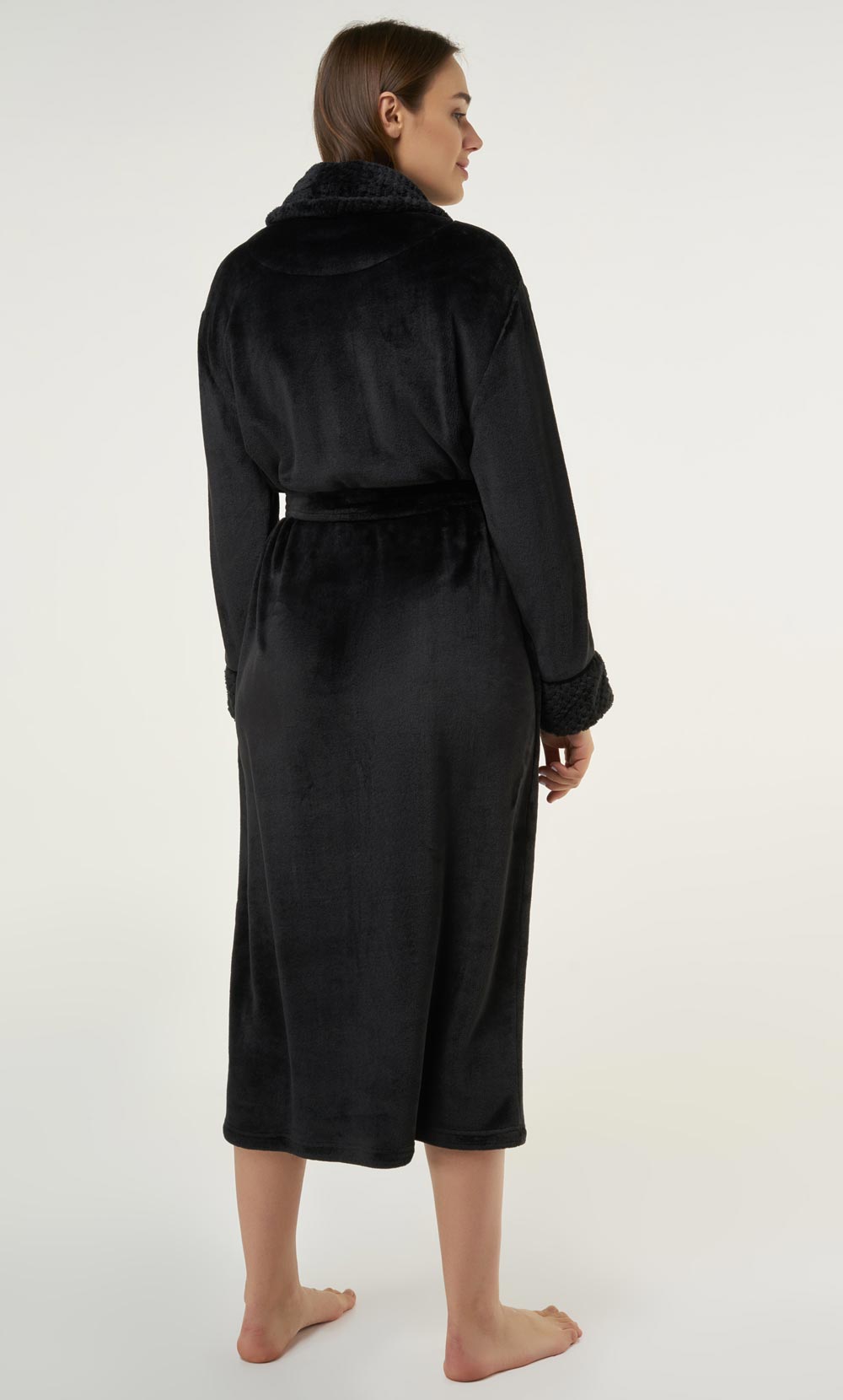 Black Plush Soft Warm Fleece Womens Robe-Robemart.com