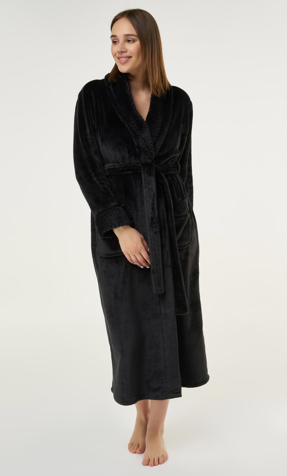 Black Plush Soft Warm Fleece Womens Robe-Robemart.com