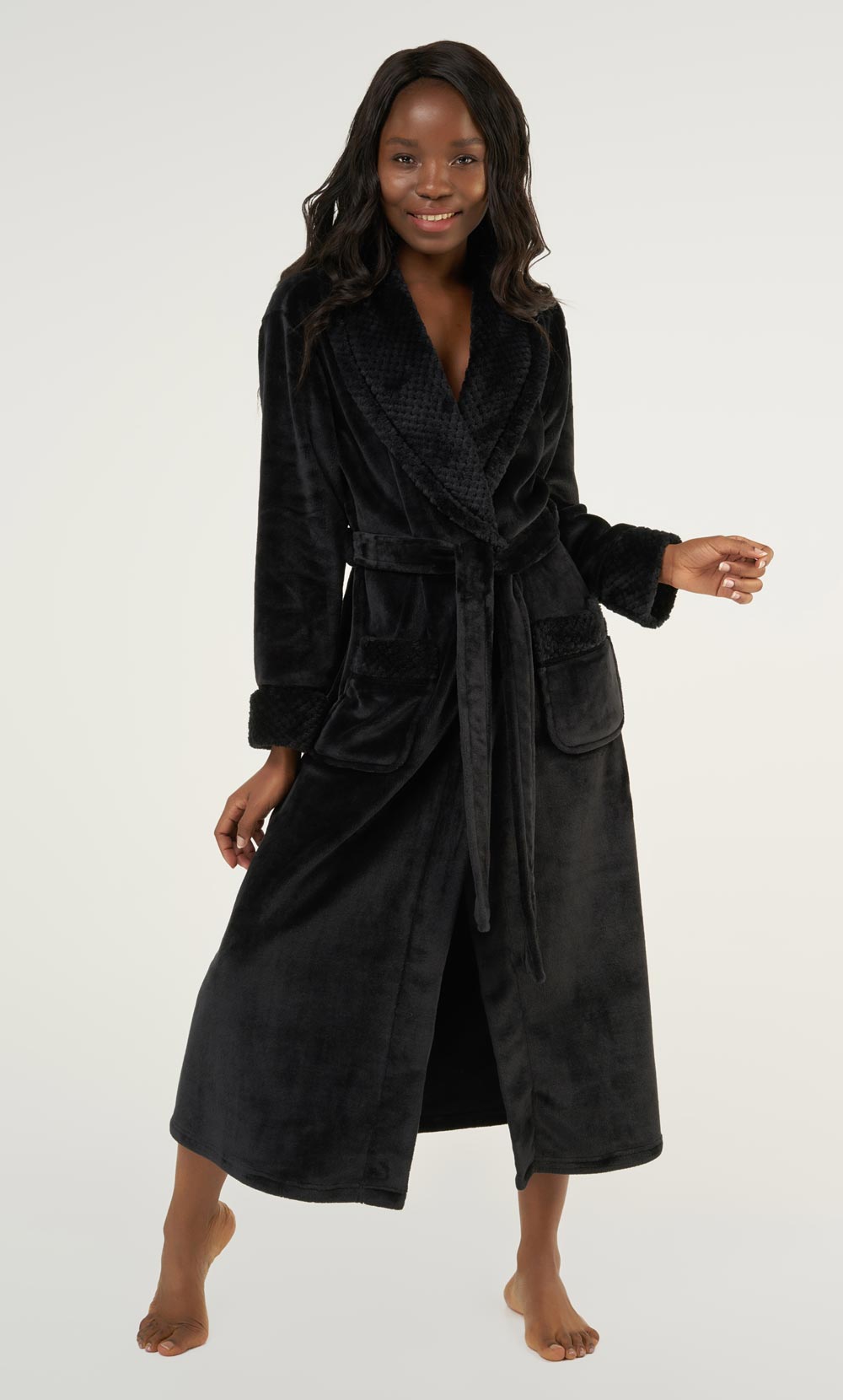 Black Plush Soft Warm Fleece Womens Robe-Robemart.com