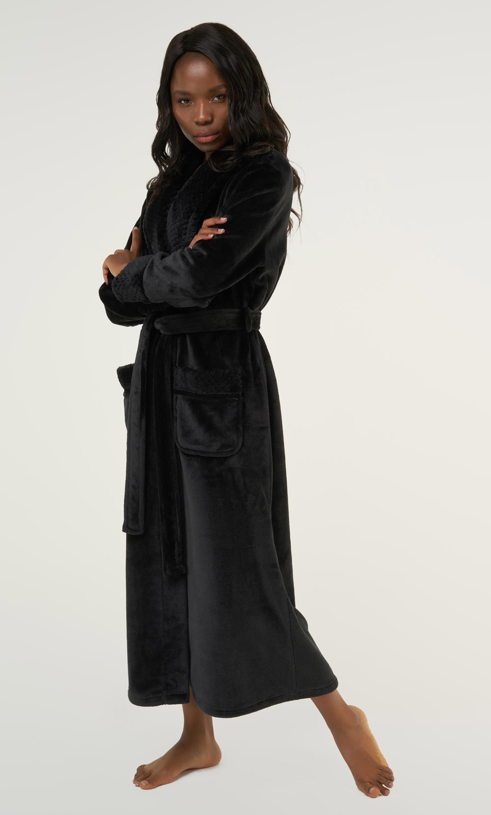 Black Plush Soft Warm Fleece Womens Robe-Robemart.com