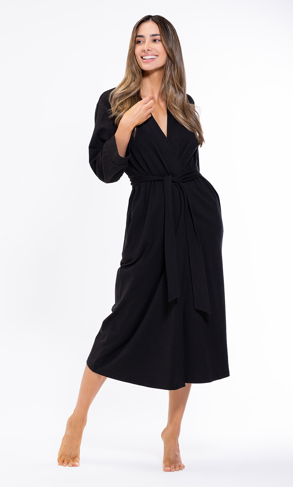 Cotton Black Knit Kimono Robe Final Sale-Robemart.com