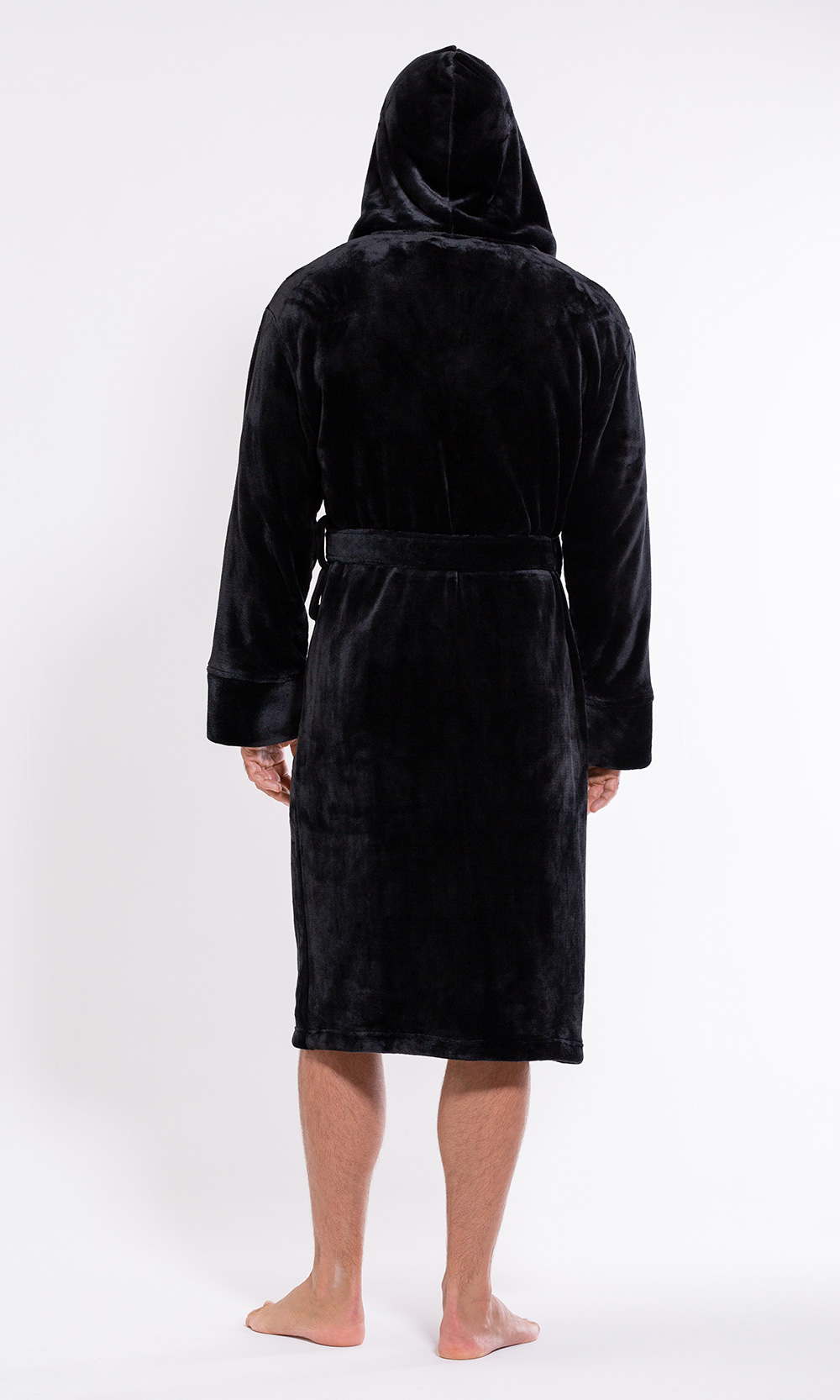 Men's Black Plush Soft Warm Fleece Bathrobe with Hood, Comfy Men's Robe-Robemart.com