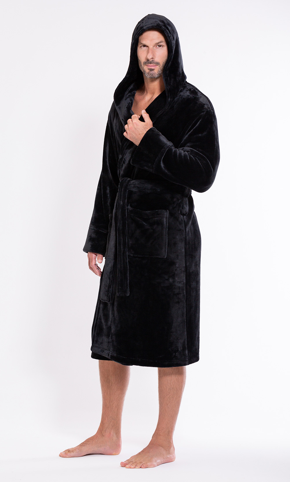 Men's Black Plush Soft Warm Fleece Bathrobe with Hood, Comfy Men's Robe-Robemart.com