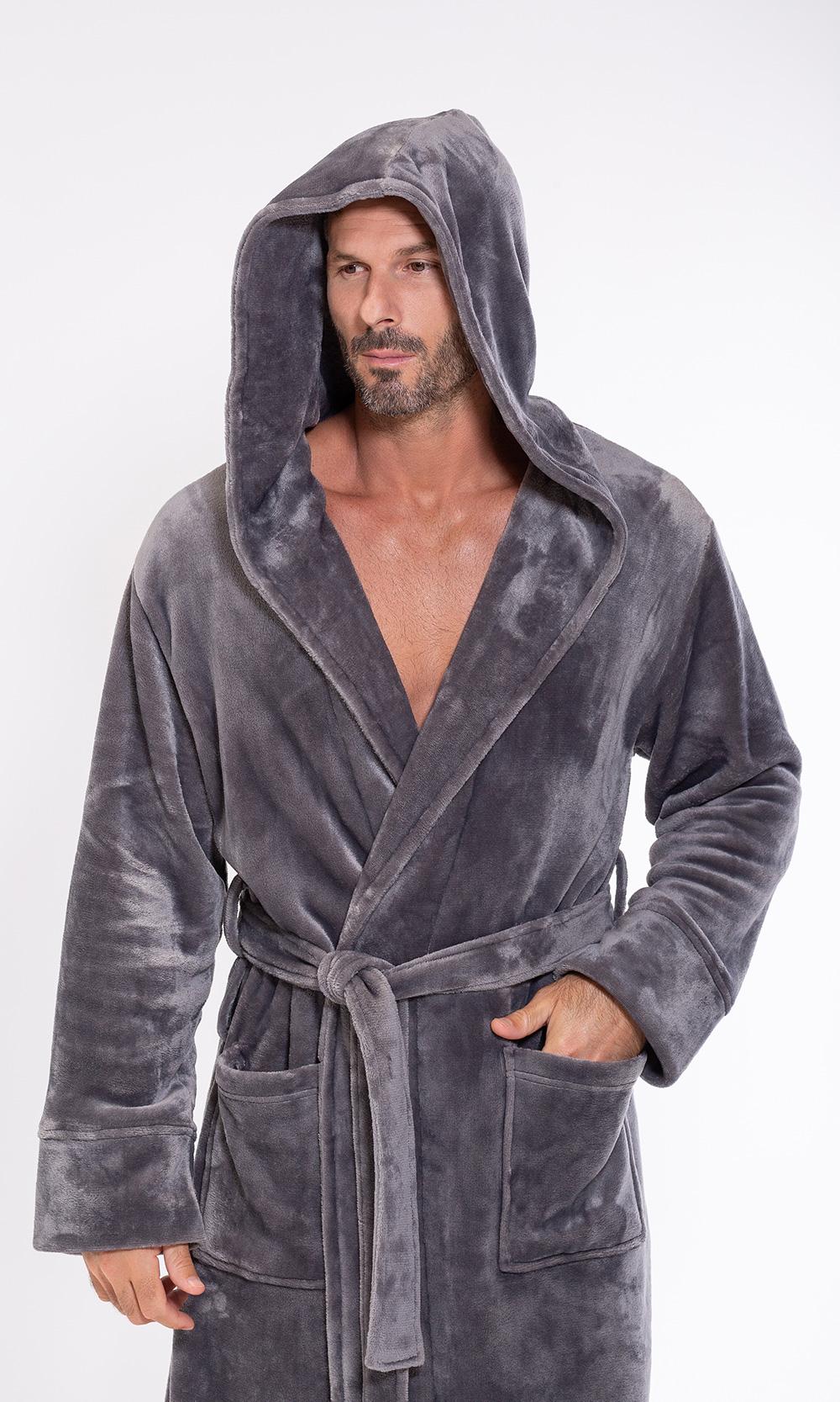 Men's Gray Plush Soft Warm Fleece Bathrobe with Hood, Comfy Men's Robe-Robemart.com