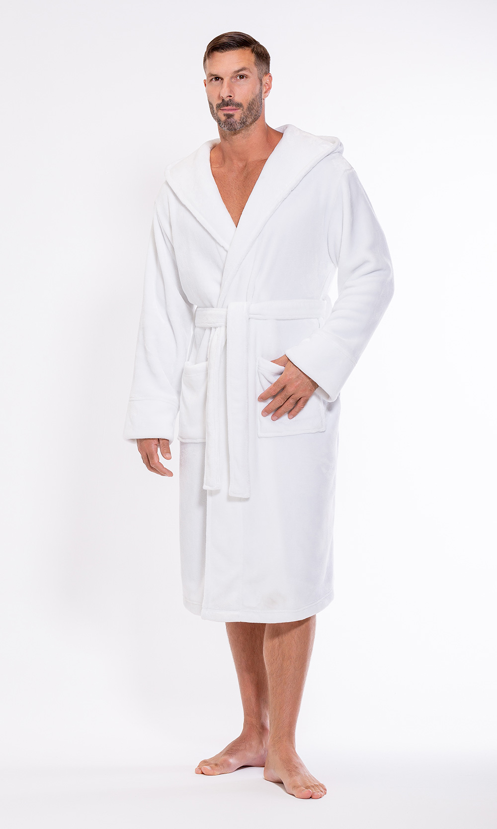 Men's White Plush Soft Warm Fleece Bathrobe with Hood, Comfy Men's Robe-Robemart.com